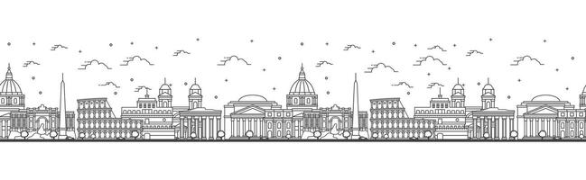 Seamless pattern with outline Rome Italy City Skyline. Historic Buildings Isolated on White. Rome Cityscape with Landmarks. vector