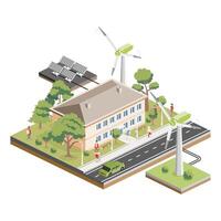 Isometric residential two storey building with solar panels and wind turbines. Green eco friendly house. Infographic element. Infographic element. City home. Trees with people. vector