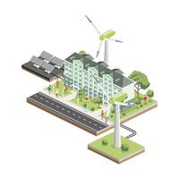 Isometric residential six storey building with solar panels and wind turbines. Green eco friendly house. Infographic element. Infographic element. City home. Trees with people. vector