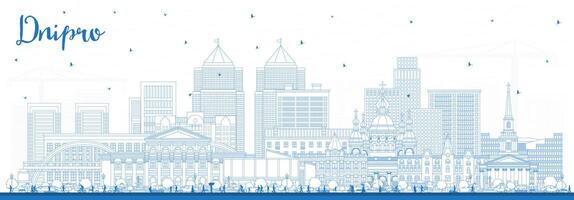 Outline Dnipro city skyline with blue buildings. Dnepropetrovsk cityscape with landmarks. Business travel and tourism concept with modern and historic architecture. vector