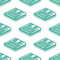 Isometric Floppy Magnetic Disk Seamless Pattern. Diskette on white Background. Retro Electronic Storage Device. Concept 80s and 90s. vector