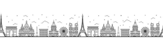 Seamless pattern with outline Paris France City Skyline. Historic Buildings Isolated on White. Paris Cityscape with Landmarks. vector