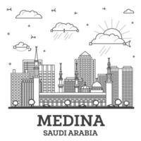 Outline Medina Saudi Arabia City Skyline with Modern and Historic Buildings Isolated on White. Medina Cityscape with Landmarks. vector