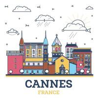 contorno cannes Francia ciudad horizonte con de colores moderno y histórico edificios aislado en blanco. cannes paisaje urbano con puntos de referencia vector