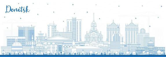 Outline Donetsk city skyline with blue buildings. Donetsk cityscape with landmarks. Business travel and tourism concept with modern and historic architecture. vector