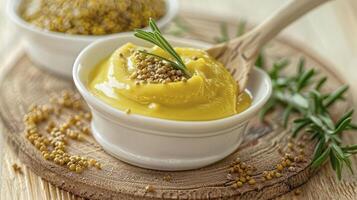 The Harmonious Contrast of Homemade Mustard Sauce on a Warm Wooden Table Setting photo