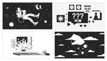 Space and computer technology black and white lofi wallpaper set. Dreams and fantasy visualization 2D outline cartoon flat illustration pack. Abstract scenes line lo fi aesthetic background vector