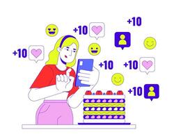 Dessert influencer woman 2D linear illustration concept. Blonde female taking of cake cartoon character isolated on white. Social media popularity metaphor abstract flat outline graphic vector