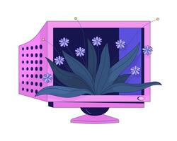 Plants covering computer screen 2D linear illustration concept. Vintage monitor with growing plants cartoon items isolated on white. Lofi vibes metaphor abstract flat outline graphic vector