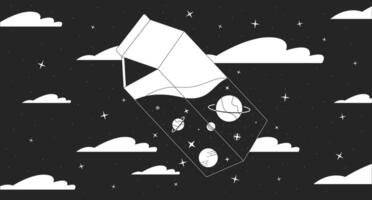 Cosmic milk in night sky black and white lofi wallpaper. Transparent pack with planets and stars 2D outline cartoon flat illustration. Dream about space line lo fi aesthetic background vector