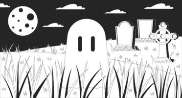 Ghost at night cemetery black and white lofi wallpaper. Halloween theme. Cute spirit floating at full moon 2D outline cartoon flat illustration. Life after death line lo fi aesthetic background vector