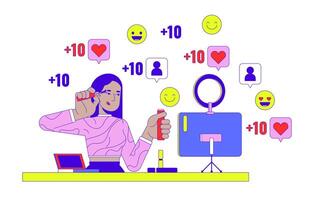 Makeup artist influencer 2D linear illustration concept. Middle eastern female visagiste applying make cartoon character isolated on white. Social media metaphor abstract flat outline graphic vector