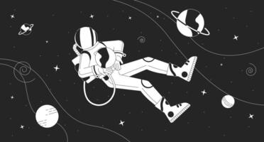 Astronaut in outer space black and white lofi wallpaper. Explorer in protective suit among celestial bodies 2D outline cartoon flat illustration. Cosmos depth line lo fi aesthetic background vector