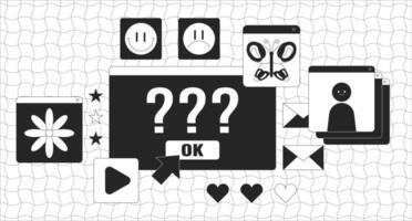 Computer error screen black and white lofi wallpaper. Problems with access on internet source 2D outline cartoon flat illustration. Technical issues with website line lo fi aesthetic background vector