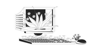 Old computer with growing plants black and white lofi wallpaper. Vintage electronic device 2D outline cartoon flat illustration. Retro pc station and fresh flora line lo fi aesthetic background vector