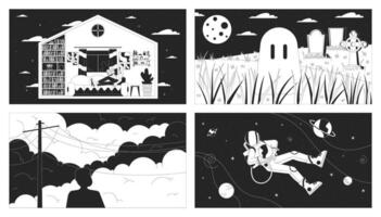 Relaxing black and white lofi wallpaper set. Woman at home. Ghost at graveyard. Dawn and outer space. Quiet 2D outline cartoon flat illustration pack. Fantasy line lo fi aesthetic background vector