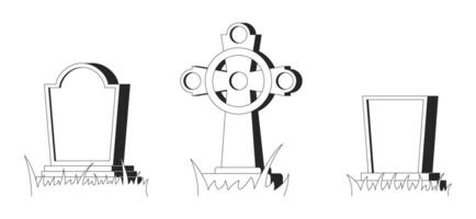 Ancient gravestones black and white 2D line cartoon objects set. Old tombstones with grass isolated outline items collection. Vintage cemetery monochromatic flat spot illustration collection vector