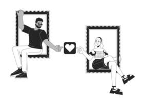 Liking pictures on social media black and white 2D illustration concept. Dating site. Users like button cartoon outline characters isolated on white. Online connection metaphor monochrome art vector