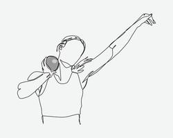 Continuous one line drawing of shot put thrower, female athlete. Editable stroke. Isolated on white background. vector