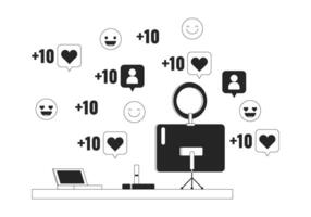 Makeup studio going viral on social media black and white 2D illustration concept. Tablet shooting cartoon outline object isolated on white. Receiving likes followers metaphor monochrome art vector