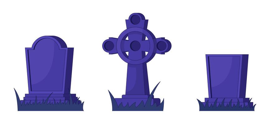 Ancient gravestones 2D linear cartoon objects set. Old tombstones with grass isolated line elements white background. Vintage cemetery atmosphere color flat spot illustration collection