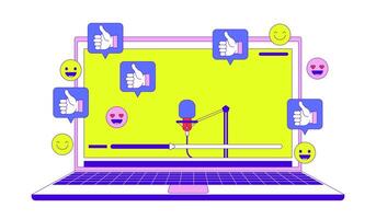 Vlogging microphone in laptop live stream 2D linear illustration concept. reactions cartoon object isolated on white. Social media popularity metaphor abstract flat outline graphic vector