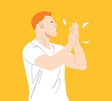 young handsome man with a happy expression clapped his hands. side view. isolated on yellow background. flat illustration. vector