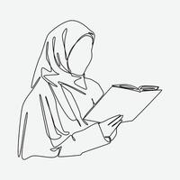 Continuous one line drawing of woman in hijab reading book. Editable stroke. Isolated background. Graphic illustration. vector
