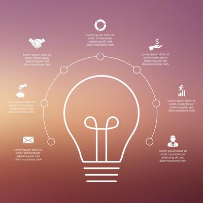 Outline lightbulb with circle elements for infographic. Template for diagram, graph, presentation and chart. Idea concept with 7 options, parts, steps or processes.
