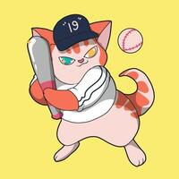 cat playing baseball. holding a baseball bat and the ball coming towards him vector