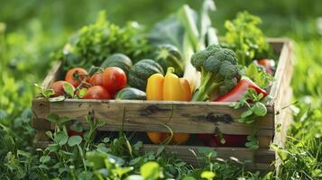 un vistoso formación de Fresco vegetales presentado en un caja en medio de vibrante verde césped foto