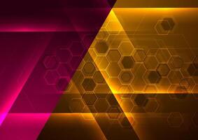 Hi-tech abstract futuristic background with glowing lines and hexagons vector