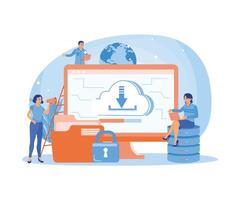 People store data on cloud servers. Uploading information data on a computer. Could Computing concept. Flat illustration. vector