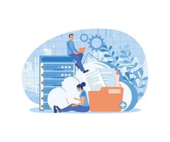 Men and women processing data online. Add files to the data center. Could Computing concept. Flat illustration. vector