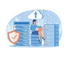 Woman analyzing data on the laptop. Store files in the data center. Could Computing concept. Flat illustration. vector