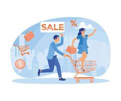 A man pushes a shopping trolley with a woman. A young couple enjoys shopping together. Big Sale concept. Flat illustration. vector