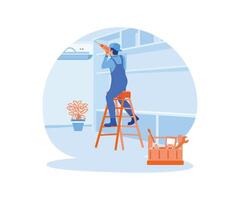 Home renovation services. Contractor workers installing the ceiling of a house. Home renovation concept. Flat illustration. vector