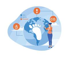 Woman explains carbon footprint on globe. Clean from CO2, free of waste and pollution. Circular economy concept. Flat illustration. vector