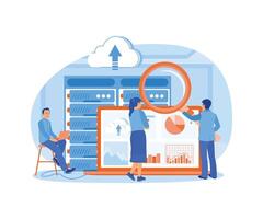 The business team analysed data on the laptop. Storing data online in a data center. Could Computing concept. Flat illustration. vector