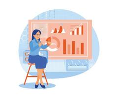 mujer de negocios analizando grafico datos vía móvil teléfono. mejorar digital márketing y promociones digital márketing concepto. plano ilustración. vector