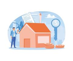 People are signing contract documents. Receive house keys from the property agent. Mortgage process concept. Flat illustration. vector