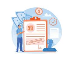 Man buys property with a mortgage. Get bank approval and sign it. Mortgage process concept. Flat illustration. vector