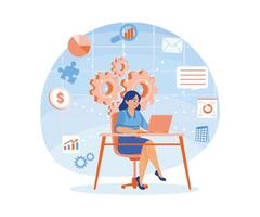 Woman developing software on laptop. Develop company business strategy. Business Intelligence concept. Flat illustration. vector