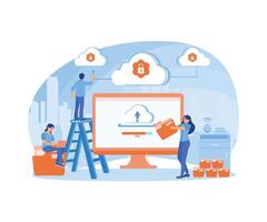 People upload data on computers. Storing files in the data center. Could Computing concept. Flat illustration. vector