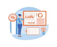 Accountants analyze company financial data. Statistical data appears on the computer screen. Financial education concept. Flat illustration. vector