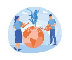 A globe with a tree growing on it. Man and woman plant trees and water them together. Bio Technology concept. Flat illustration. vector