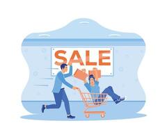 Man pushing a shopping cart with a woman. Shop lots of items because there are discounts. Big Sale concept. Flat illustration. vector