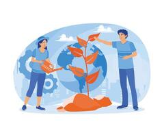 World Environment Day. People plant trees together. Bio-Technology concept. Flat illustration. vector