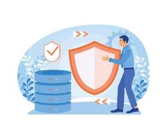 Businessman holding shield and server. Secure data storage application. Database concept. Flat illustration. vector