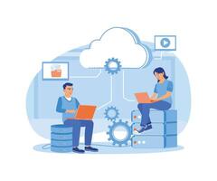 Man and woman processing data on the laptop. Storing data in data center. Could Computing concept. Flat illustration. vector